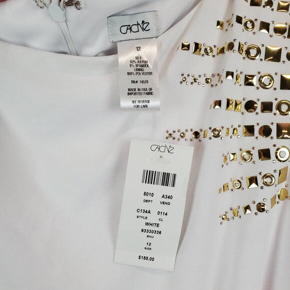 Cache White Ruched Shapely Mini Dress Size 12 Gold Geometric Studs Drape Fit NWT - Picture 8 of 14